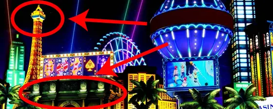 スマスロスーパーブラックジャックのリオの外観ステージ（塔/噴水演出）