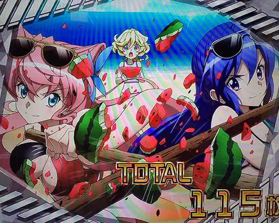 Lパチスロ戦姫絶唱シンフォギア 正義の歌のAT終了画面「マリア+翼 水着(銀帯)」
