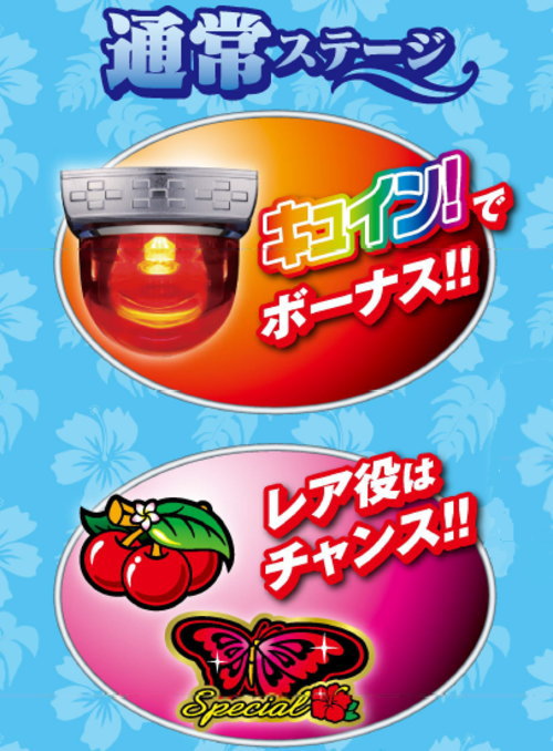 南国育ち-30の通常ステージ概要(キュイン！でボーナス/レア役(チェリーやバタフライ)はチャンス！)