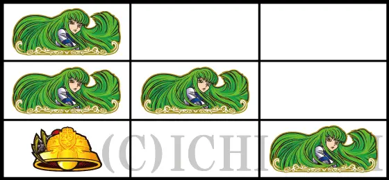 パチスロコードギアス 反逆のルルーシュ3 C.C.&Kallen ver.のC.C.図柄斜め揃いの停止型