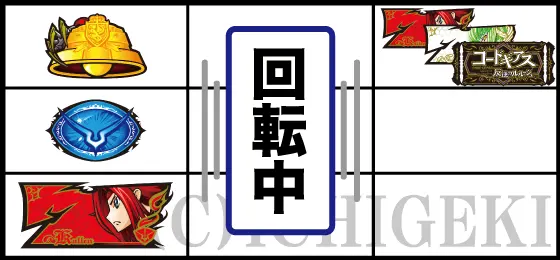 パチスロコードギアス 反逆のルルーシュ3 C.C.&Kallen ver.のリーチ目「7図柄対角停止」