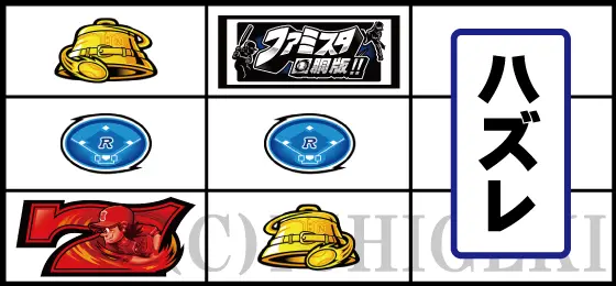 ファミスタ回胴版‼のリーチ目「赤7下段中段リプレイ否定」
