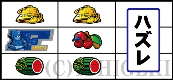 ファミスタ回胴版‼のリーチ目「F図柄停止のスイカ/ベルダブルテンパイハズレ」