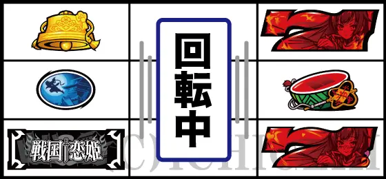パチスロ　戦国†恋姫のリーチ目(右リール赤7スイカ赤7)の停止型