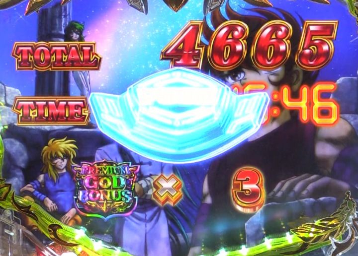 パチンコe聖闘士星矢 超流星CliMAX349のリザルト画面ボタン出現画像