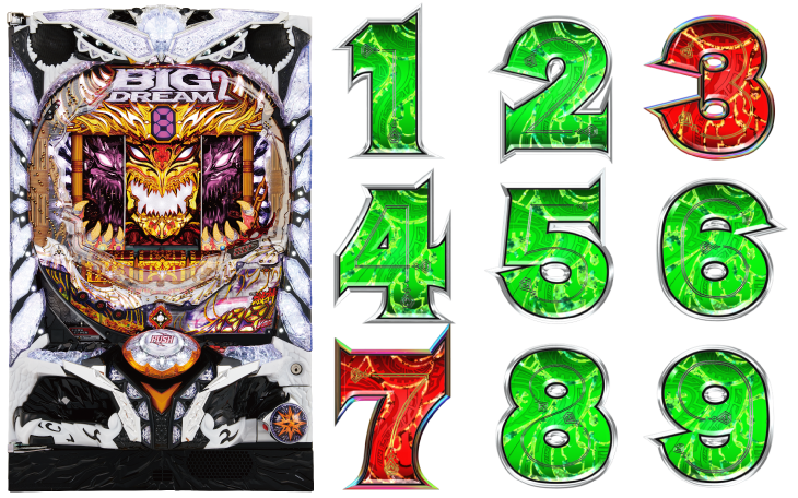 パチンコPビッグドリーム2激神 199Ver.の筐体と図柄画像です