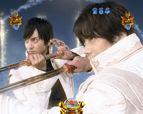 パチンコP牙狼月虹ノ旅人絆 GIGA GHOST Ver.の雷牙ガロvsキバ:絆獲得時