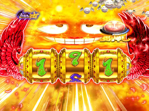 パチンコPA激デジ笑ゥせぇるすまん最後の忠告の翼はためかせチャンスの画像