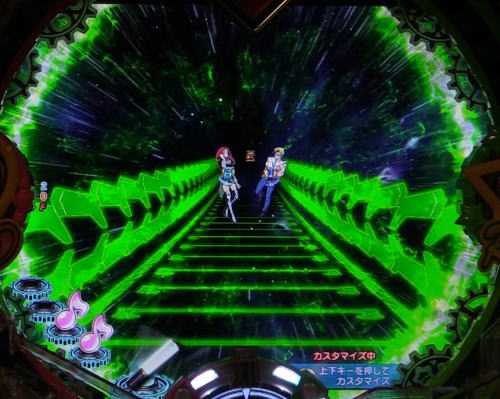 パチンコPフィーバーマクロスフロンティア4のカタパルト変動アクション予告:緑画像