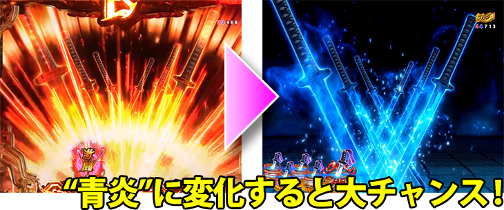 パチンコP戦国乙女 LEGEND BATTLEの刀剣連続予告:青炎