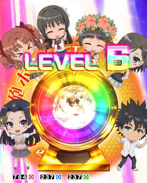 パチンコ機種名のメダルボタン充電予告:プレミア(LEVEL6:スピニングメダルボタン虹)