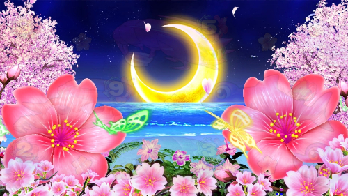 パチンコPAスーパー海物語 IN 沖縄5 夜桜超旋風 99ver.の背景に三日月