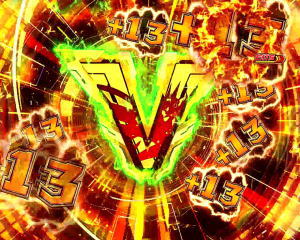 Pフィーバー戦姫絶唱シンフォギア2 1/77ver.のV入賞時のエフェクト色　緑