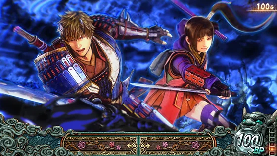 スマスロ 新鬼武者3のアイキャッチ(蒼鬼 ・茜:青背景)