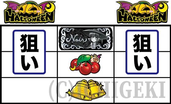 マジカルハロウィン ボーナストリガーの中リール赤7狙い（上段黒BAR停止）